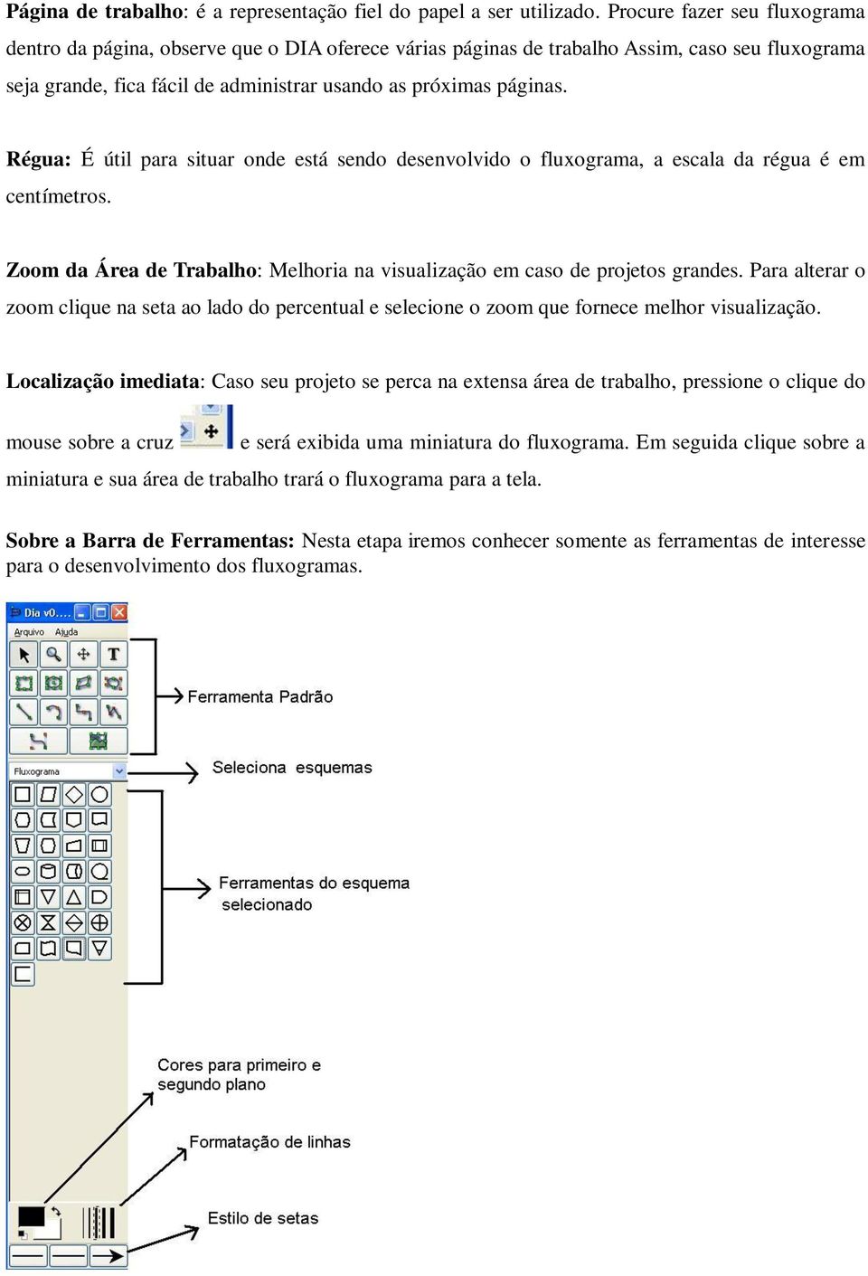 Régua: É útil para situar onde está sendo desenvolvido o fluxograma, a escala da régua é em centímetros. Zoom da Área de Trabalho: Melhoria na visualização em caso de projetos grandes.