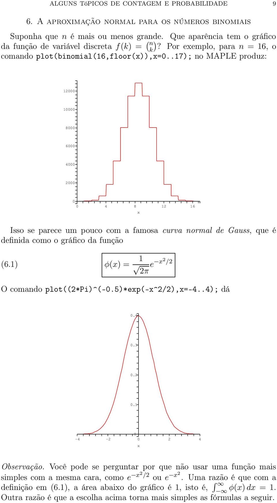 .7); no MAPLE produz: 2000 0000 8000 6000 4000 2000 0 0 4 8 x 2 6 Isso se parece um pouco com a famosa curva normal de Gauss, que é definida como o gráfico da função (6.