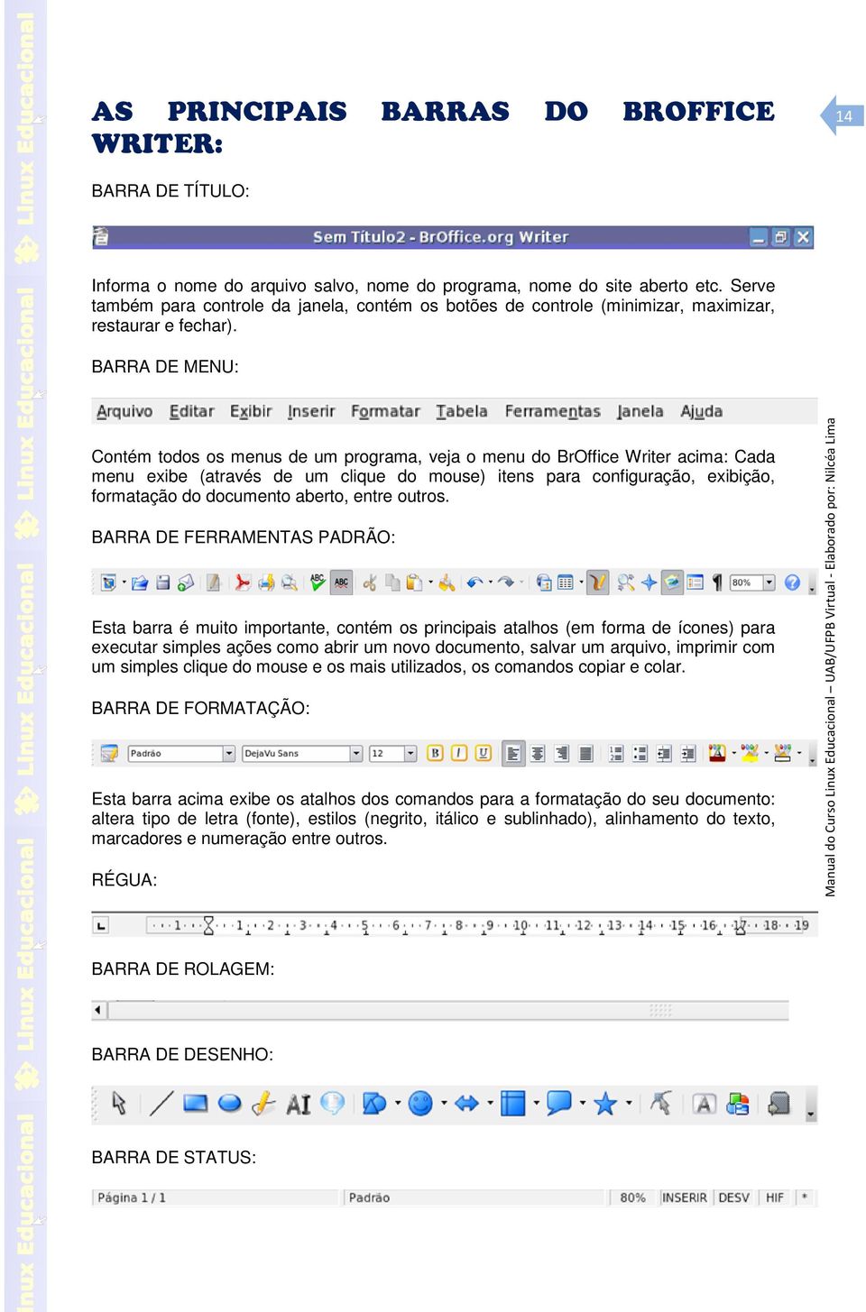 BARRA DE MENU: Contém todos os menus de um programa, veja o menu do BrOffice Writer acima: Cada menu exibe (através de um clique do mouse) itens para configuração, exibição, formatação do documento