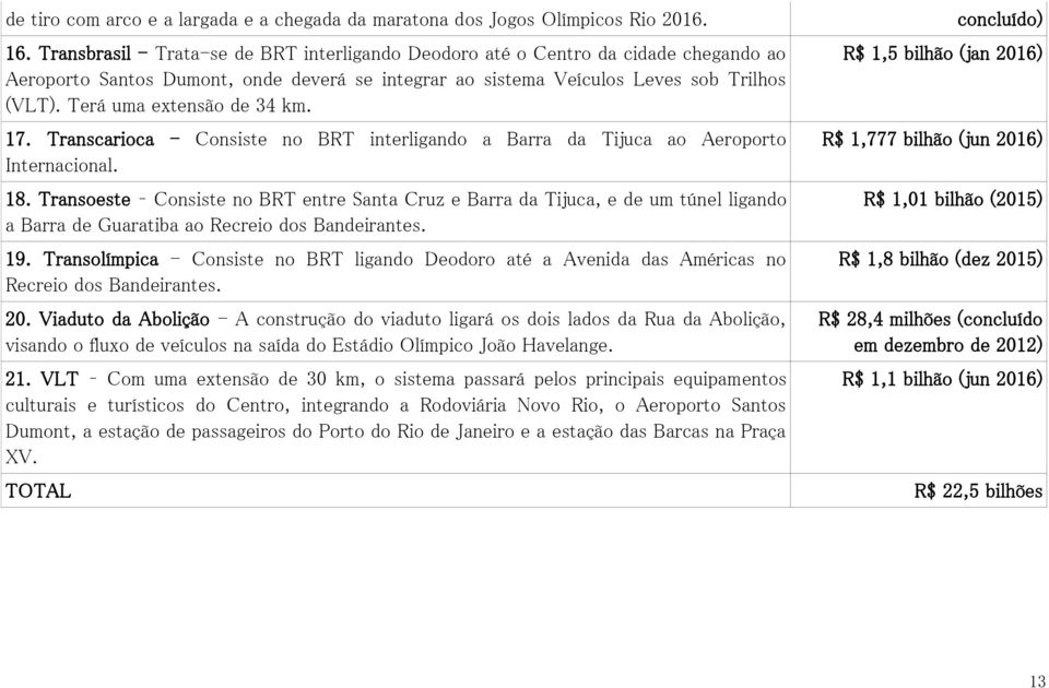 Terá uma extensão de 34 km. 17. Transcarioca - Consiste no BRT interligando a Barra da Tijuca ao Aeroporto Internacional. 18.