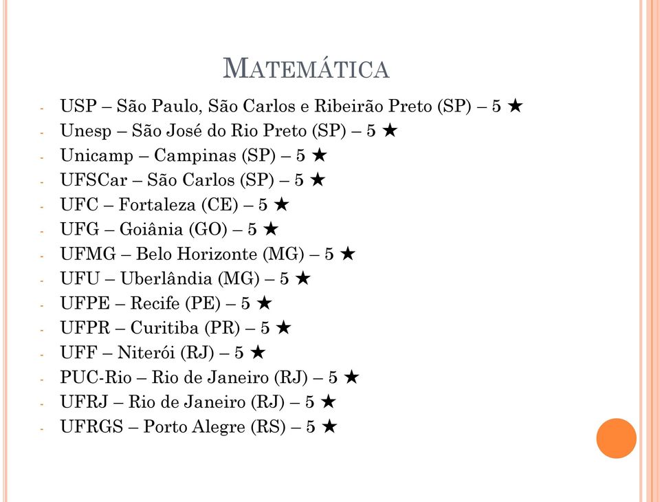 UFMG Belo Horizonte (MG) 5 - UFU Uberlândia (MG) 5 - UFPE Recife (PE) 5 - UFPR Curitiba (PR) 5 - UFF