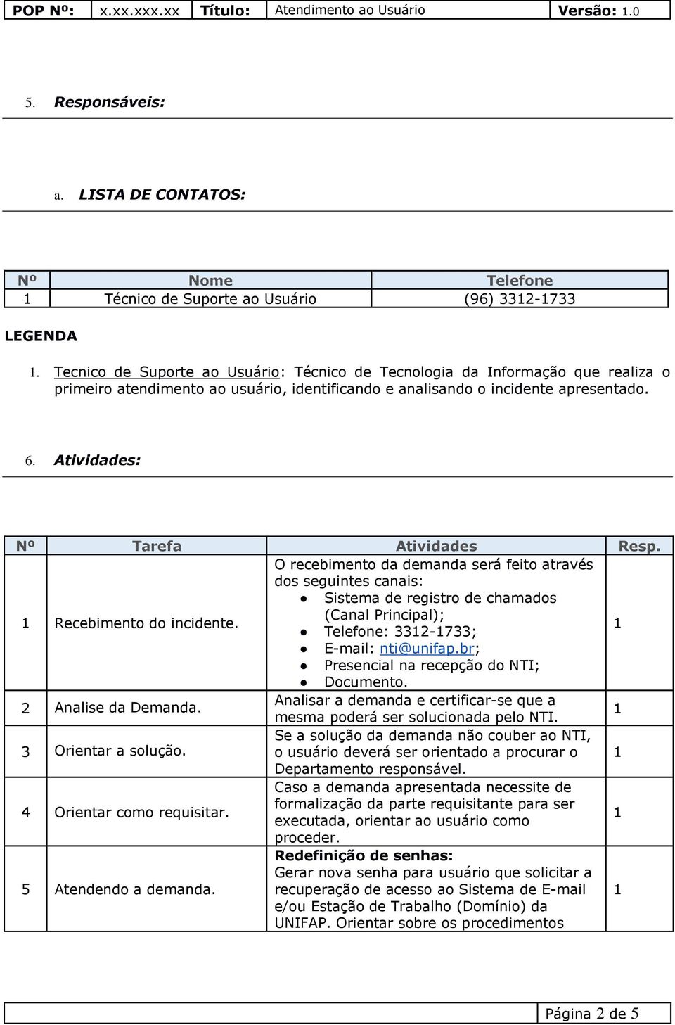 O recebimento da demanda será feito através dos seguintes canais: Sistema de registro de chamados (Canal Principal); Recebimento do incidente. Telefone: 332-733; E-mail: nti@unifap.