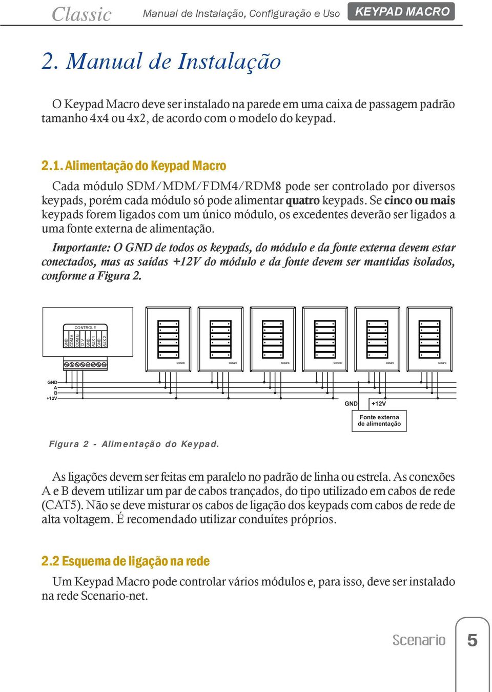 Alimentação do Keypad Macro Cada módulo SDM/MDM/FDM4/RDM8 pode ser controlado por diversos keypads, porém cada módulo só pode alimentar quatro keypads.