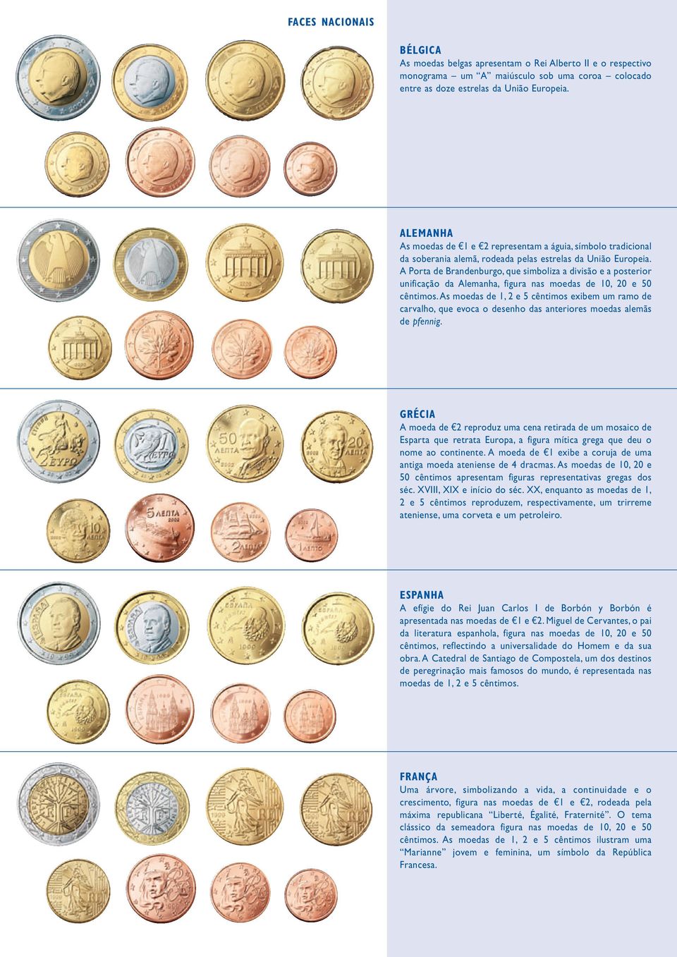 A Porta de Brandenburgo, que simboliza a divisão e a posterior unificação da Alemanha, figura nas moedas de 10, 20 e 50 cêntimos.