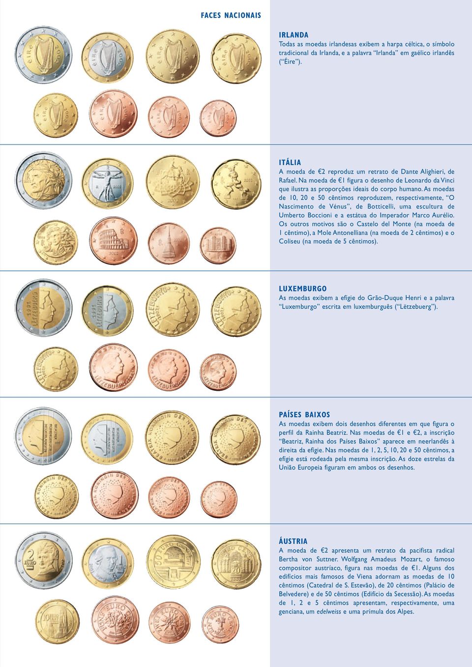 as moedas de 10, 20 e 50 cêntimos reproduzem, respectivamente, O Nascimento de Vénus, de Botticelli, uma escultura de Umberto Boccioni e a estátua do Imperador Marco Aurélio.