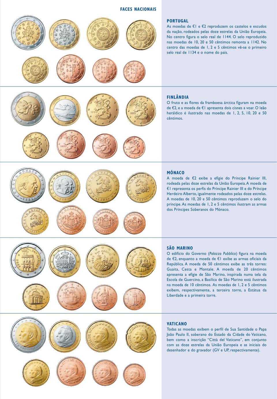 FINLÂNDIA O fruto e as flores da framboesa árctica figuram na moeda de e2, e a moeda de e1 apresenta dois cisnes a voar. O leão heráldico é ilustrado nas moedas de 1, 2, 5, 10, 20 e 50 cêntimos.