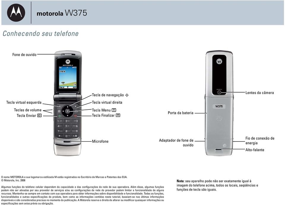 Motorola, Inc. 2008 Algumas funções do telefone celular dependem da capacidade e das configurações da rede de sua operadora.