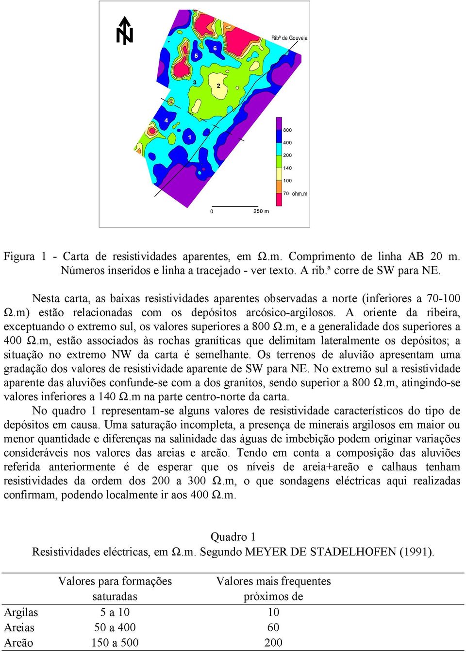 A oriente da ribeira, exceptuando o extremo sul, os valores superiores a 800 Ω.m, e a generalidade dos superiores a 400 Ω.