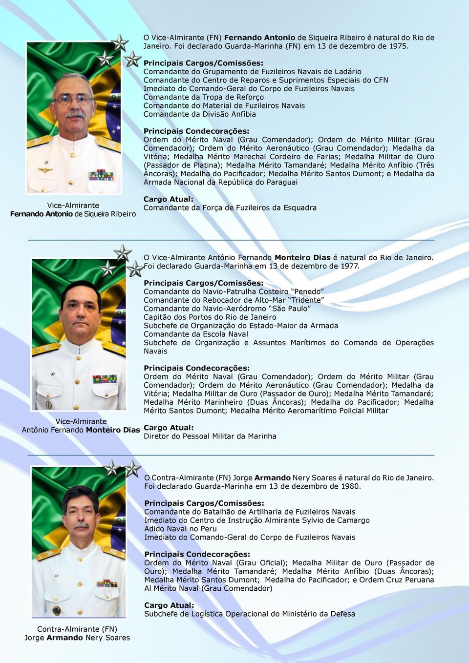 Reforço Comandante do Material de Fuzileiros Navais Comandante da Divisão Anfíbia Ordem do Mérito Naval (Grau Comendador); Ordem do Mérito Militar (Grau Comendador); Ordem do Mérito Aeronáutico (Grau