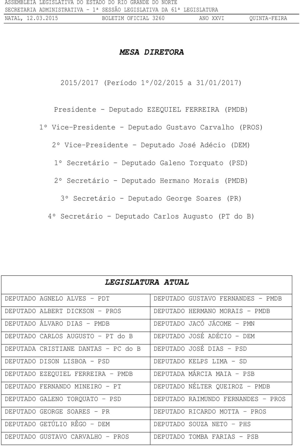 ATUAL DEPUTADO AGNELO ALVES PDT DEPUTADO ALBERT DICKSON PROS DEPUTADO ÁLVARO DIAS PMDB DEPUTADO CARLOS AUGUSTO PT do B DEPUTADA CRISTIANE DANTAS PC do B DEPUTADO DISON LISBOA - PSD DEPUTADO EZEQUIEL