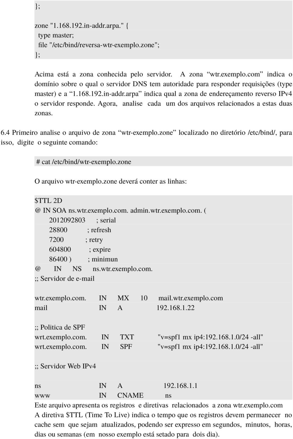 4 Primeiro analise o arquivo de zona wtr-exemplo.zone localizado no diretório /etc/bind/, para isso, digite o seguinte comando: # cat /etc/bind/wtr-exemplo.zone O arquivo wtr-exemplo.