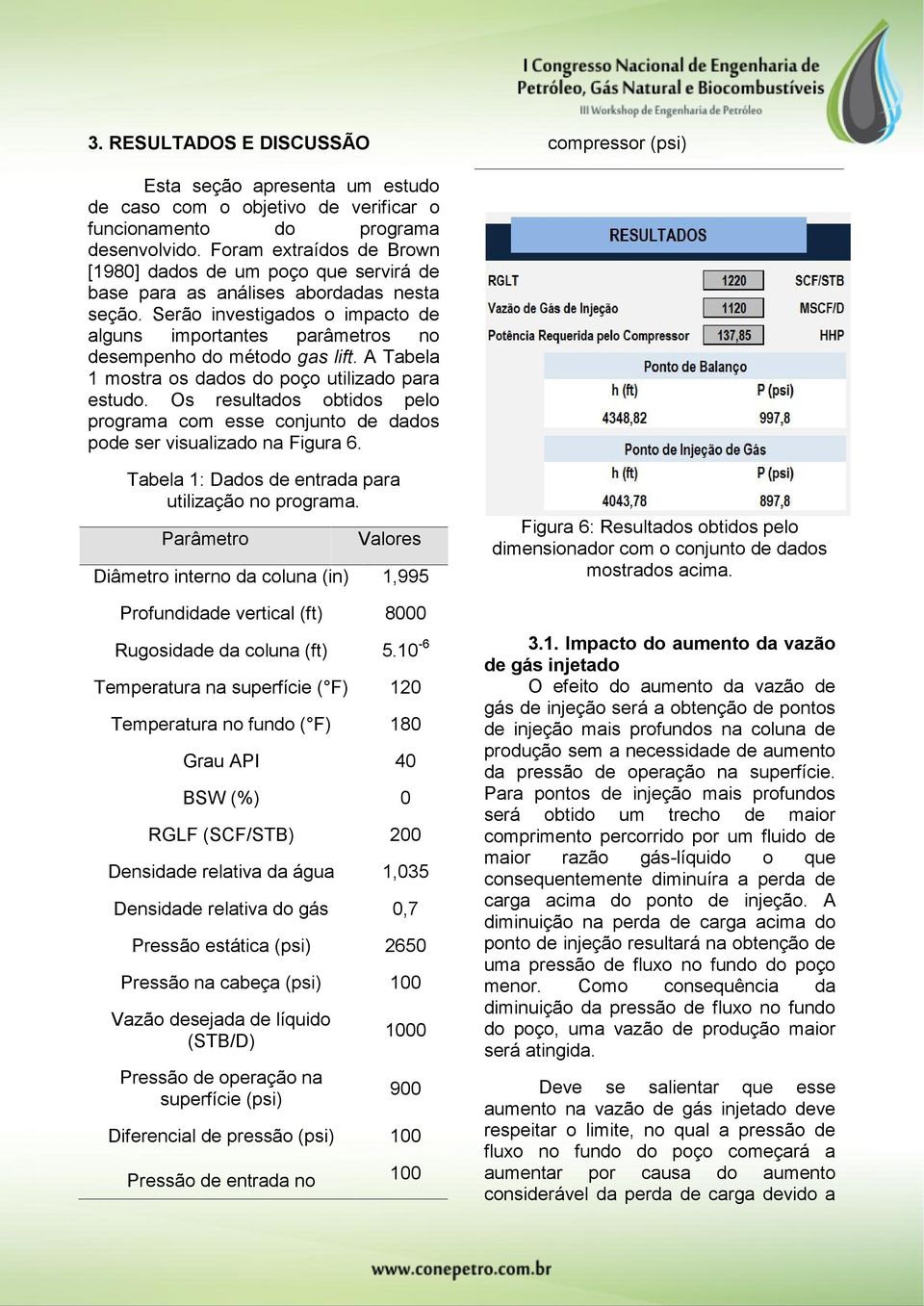 Serão investigados o impacto de alguns importantes parâmetros no desempenho do método gas lift. A Tabela 1 mostra os dados do poço utilizado para estudo.