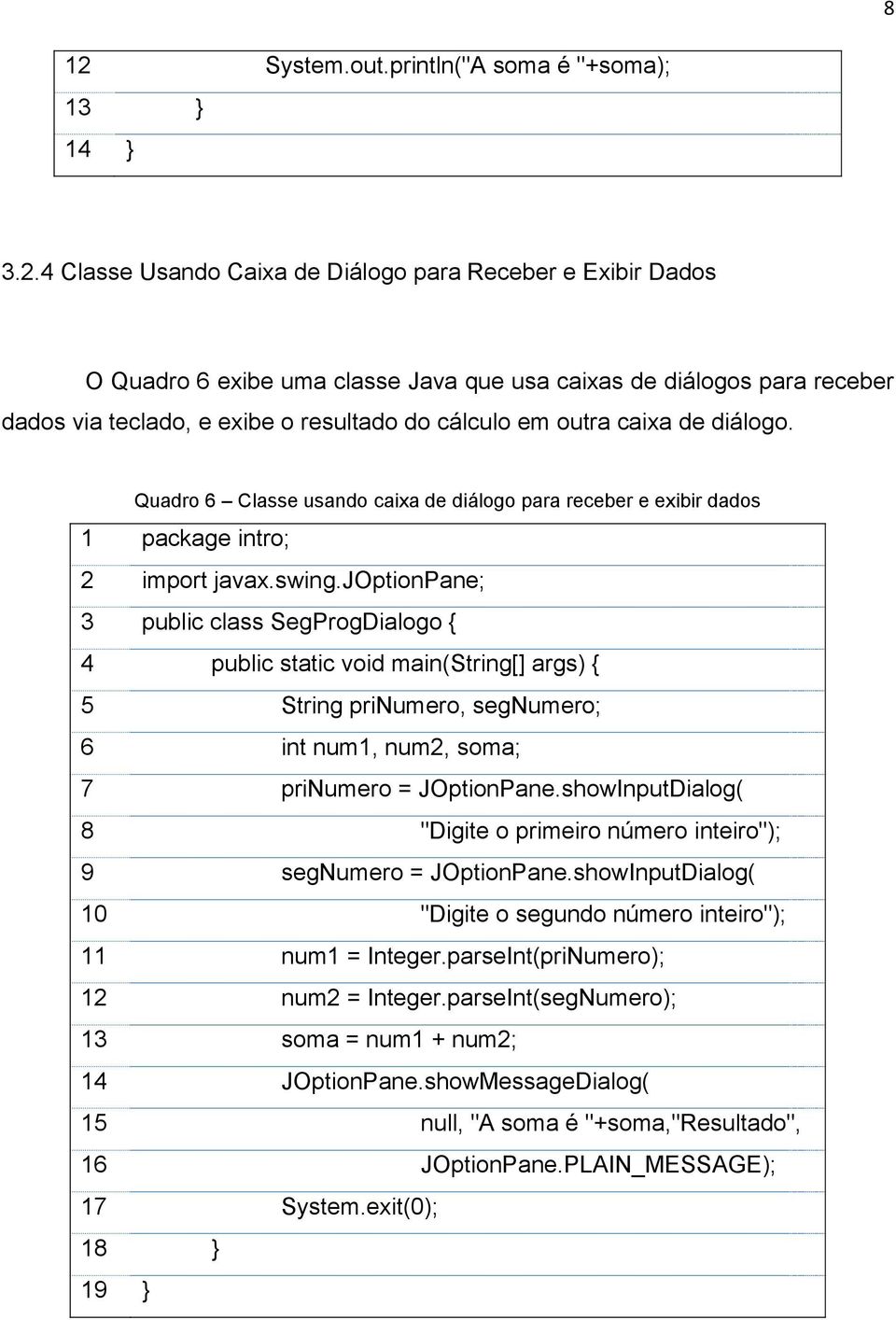 joptionpane; 3 public class SegProgDialogo { 4 public static void main(string[] args) { 5 String prinumero, segnumero; 6 int num1, num2, soma; 7 prinumero = JOptionPane.