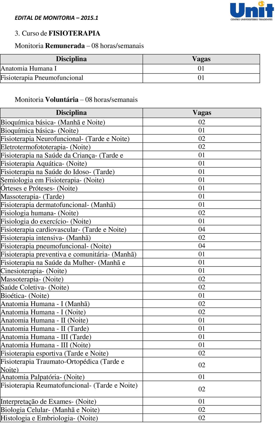 Saúde do Idoso- (Tarde) Semiologia em Fisioterapia- (Noite) Órteses e Próteses- (Noite) Massoterapia- (Tarde) Fisioterapia dermatofuncional- (Manhã) Fisiologia humana- (Noite) 02 Fisiologia do