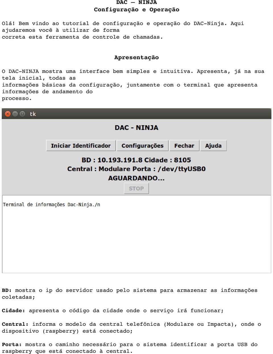 Apresenta, já na sua tela inicial, todas as informações básicas da configuração, juntamente com o terminal que apresenta informações de andamento do processo.