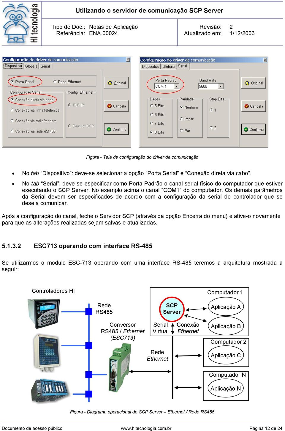 Os demais parâmetros da Serial devem ser especificados de acordo com a configuração da serial do controlador que se deseja comunicar.