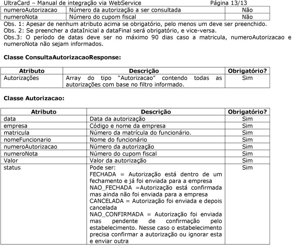 2: Se preencher a datainicial a datafinal será obrigatório, e vice-versa. Obs.3: O período de datas deve ser no máximo 90 dias caso a matricula, numeroautorizacao e numeronota não sejam informados.