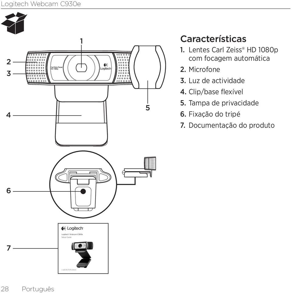 Luz de actividade 4. Clip/base flexível 5. Tampa de privacidade 6.