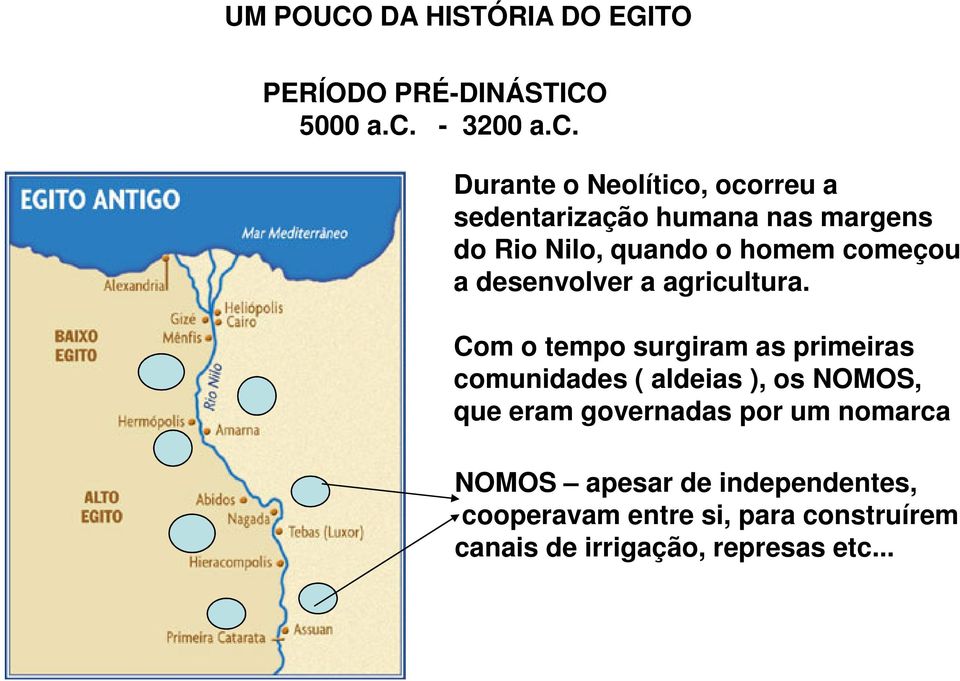 Durante o Neolítico, ocorreu a sedentarização humana nas margens do Rio Nilo, quando o homem começou a