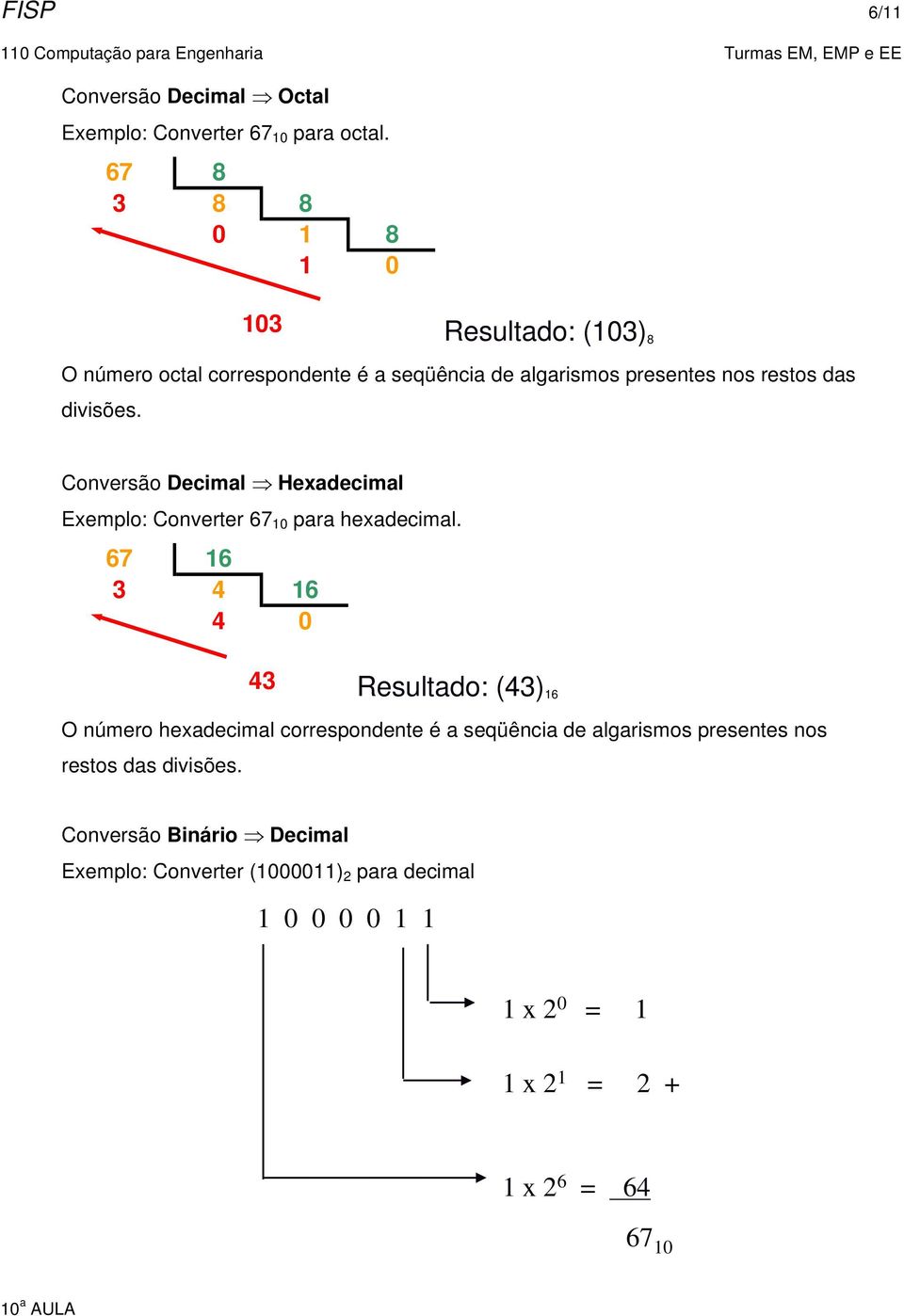 Conversão Decimal Hexadecimal Exemplo: Converter 67 10 para hexadecimal.