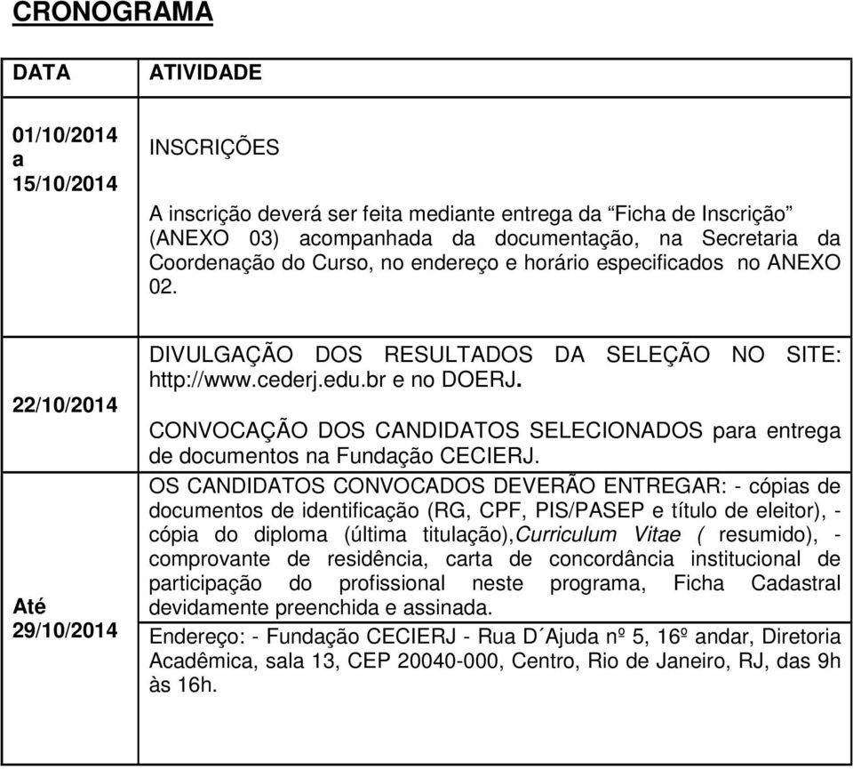 CONVOCAÇÃO DOS CANDIDATOS SELECIONADOS para entrega de documentos na Fundação CECIERJ.