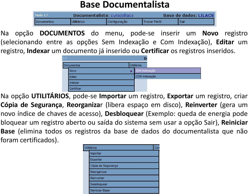Na opção UTILITÁRIOS, pode-se Importar um registro, Exportar um registro, criar Cópia de Segurança, Reorganizar (libera espaço em disco), Reinverter (gera um novo