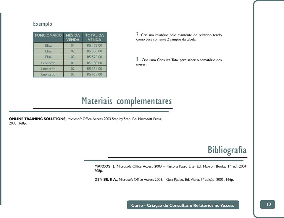 Materiais complementares ONLINE TRAINING SOLUTIONS, Microsoft Office Access 2003 Step by Step. Ed. Microsoft Press, 2003. 368p. Bibliografi a MARCOS, J.