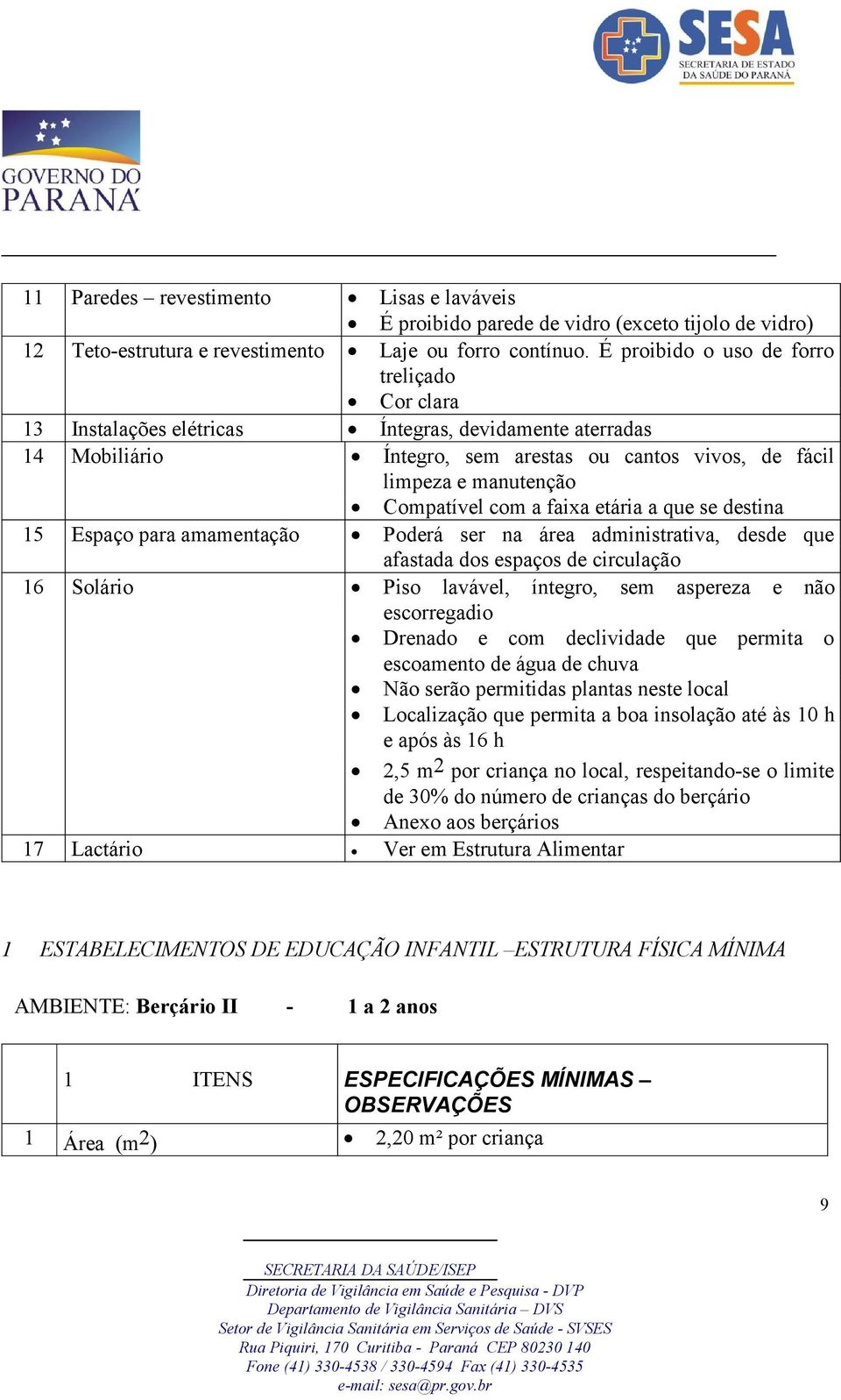 a faixa etária a que se destina 15 Espaço para amamentação Poderá ser na área administrativa, desde que afastada dos espaços de circulação 16 Solário Piso lavável, íntegro, sem aspereza e não