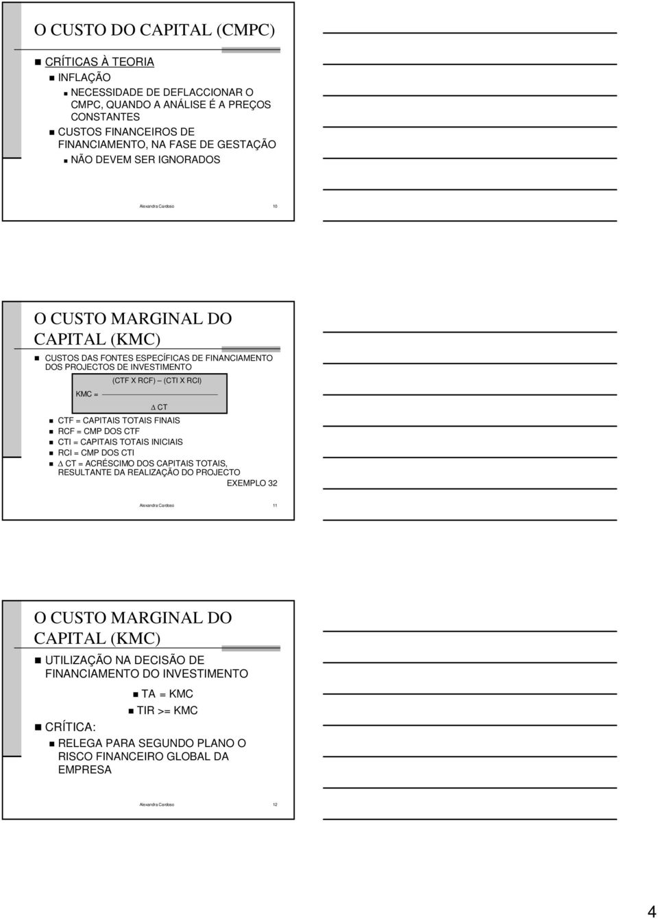 CAPITAIS TOTAIS FINAIS RCF = CMP DOS CTF CTI = CAPITAIS TOTAIS INICIAIS RCI = CMP DOS CTI CT = ACRÉSCIMO DOS CAPITAIS TOTAIS, RESULTANTE DA REALIZAÇÃO DO PROJECTO EXEMPLO 32 Alexandra Cardoso