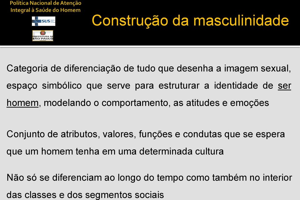 emoções Conjunto de atributos, valores, funções e condutas que se espera que um homem tenha em uma