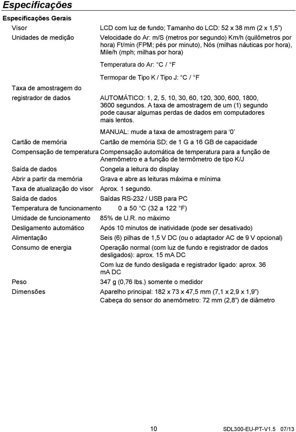 AUTOMÁTICO: 1, 2, 5, 10, 30, 60, 120, 300, 600, 1800, 3600 segundos. A taxa de amostragem de um (1) segundo pode causar algumas perdas de dados em computadores mais lentos.