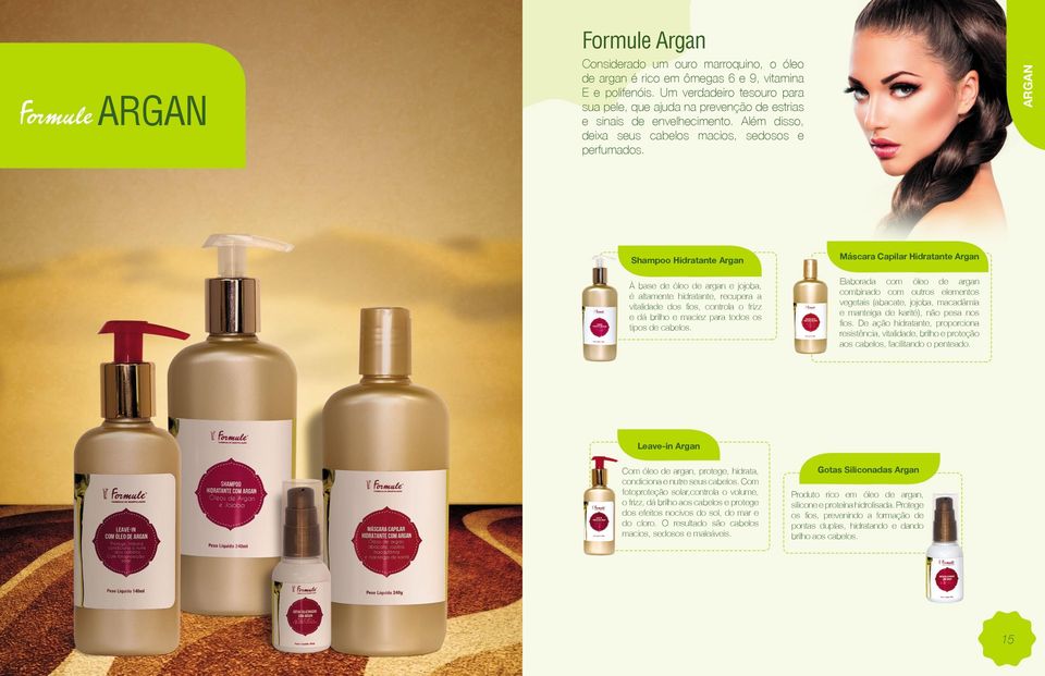 ARGAN Shampoo Hidratante Argan À base de óleo de argan e jojoba, é altamente hidratante, recupera a vitalidade dos fios, controla o frizz e dá brilho e maciez para todos os tipos de cabelos.