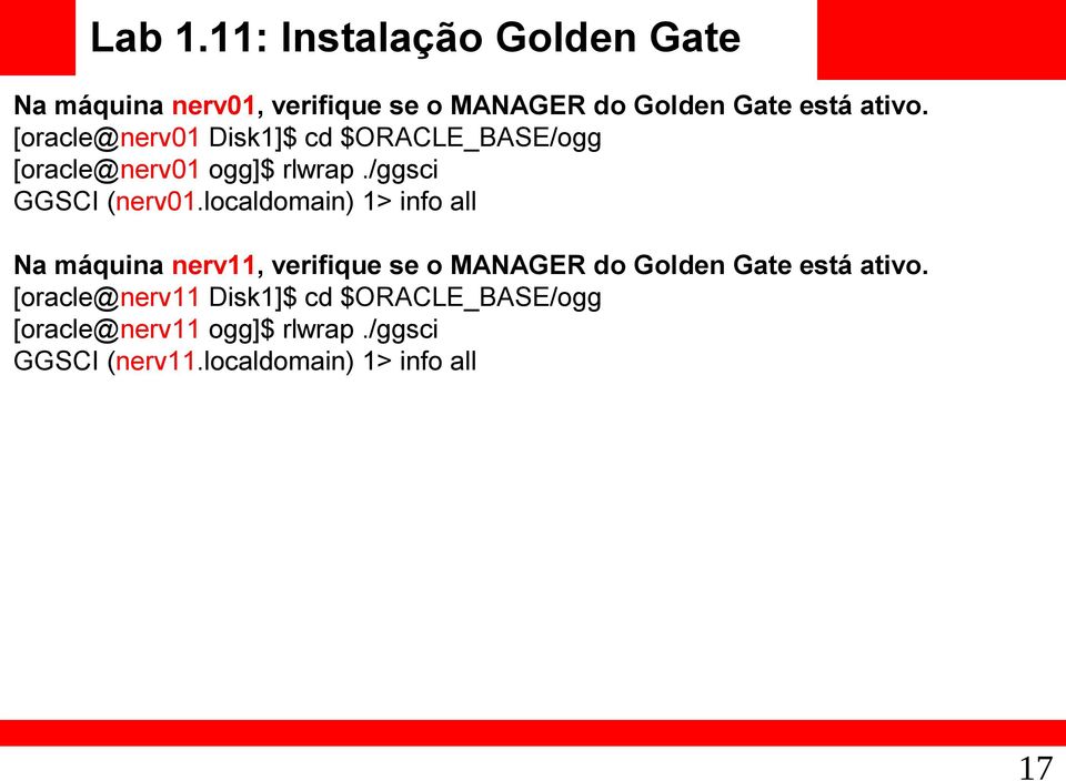 localdomain) 1> info all Na máquina nerv11, verifique se o MANAGER do Golden Gate está ativo.