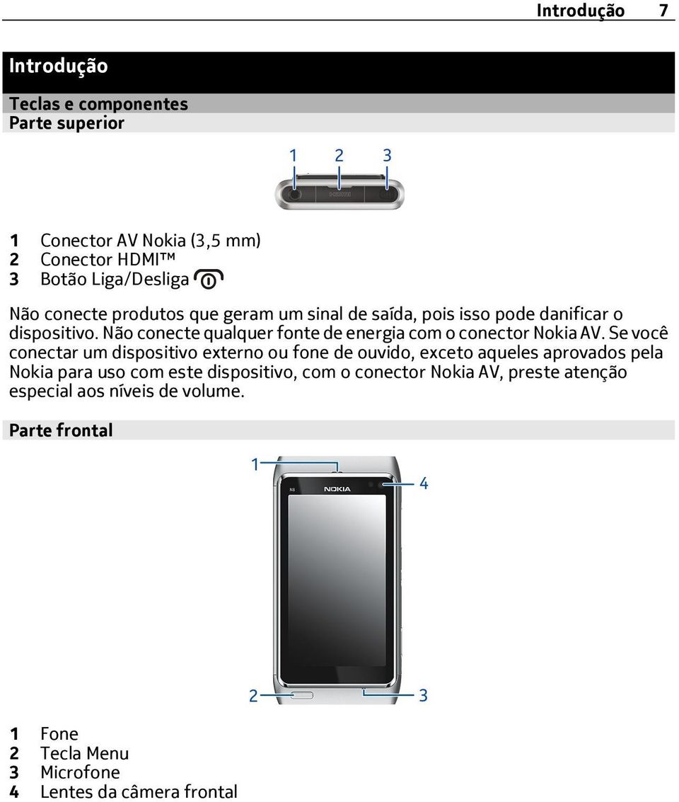 Não conecte qualquer fonte de energia com o conector Nokia AV.