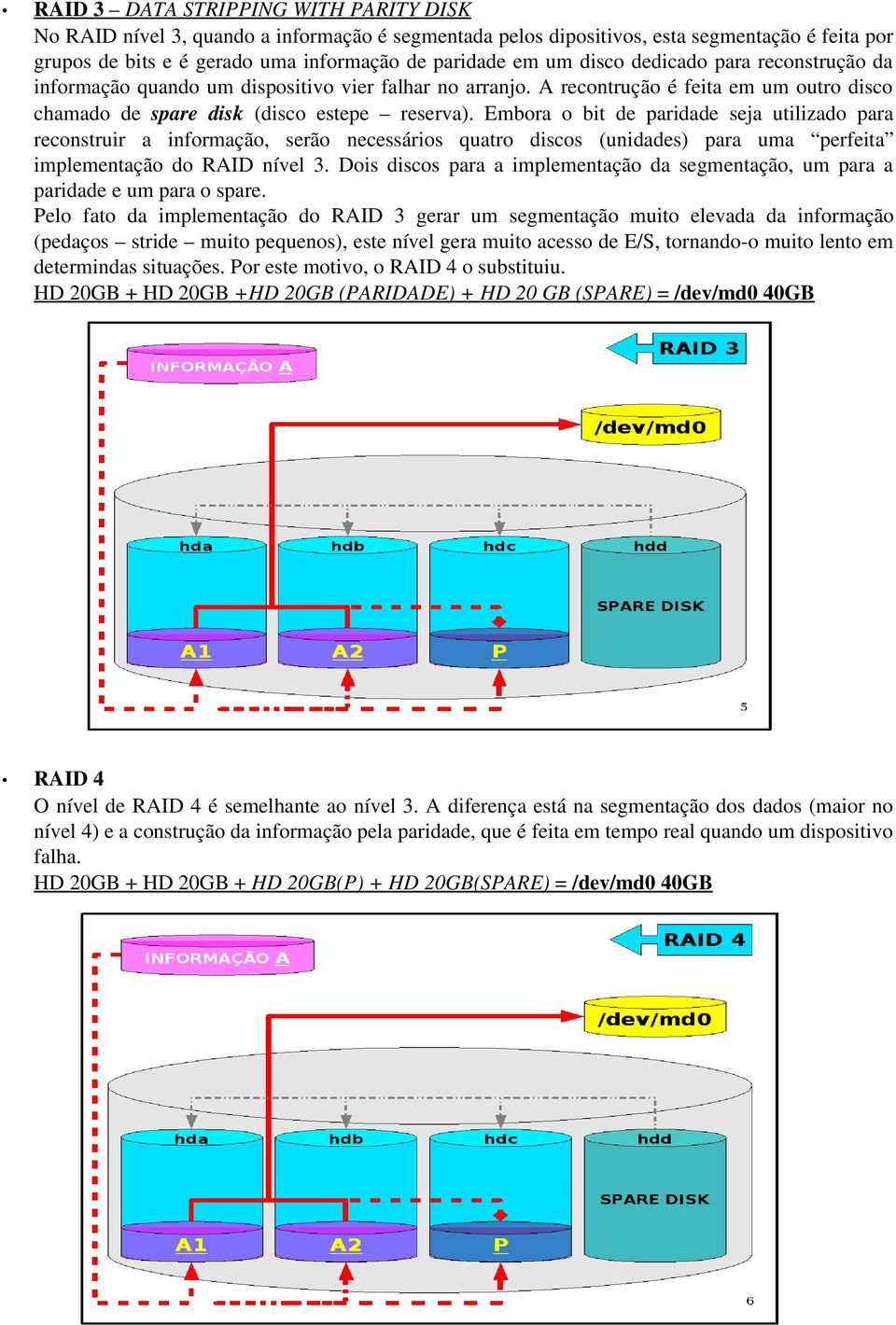 Embora o bit de paridade seja utilizado para reconstruir a informação, serão necessários quatro discos (unidades) para uma perfeita implementação do RAID nível 3.