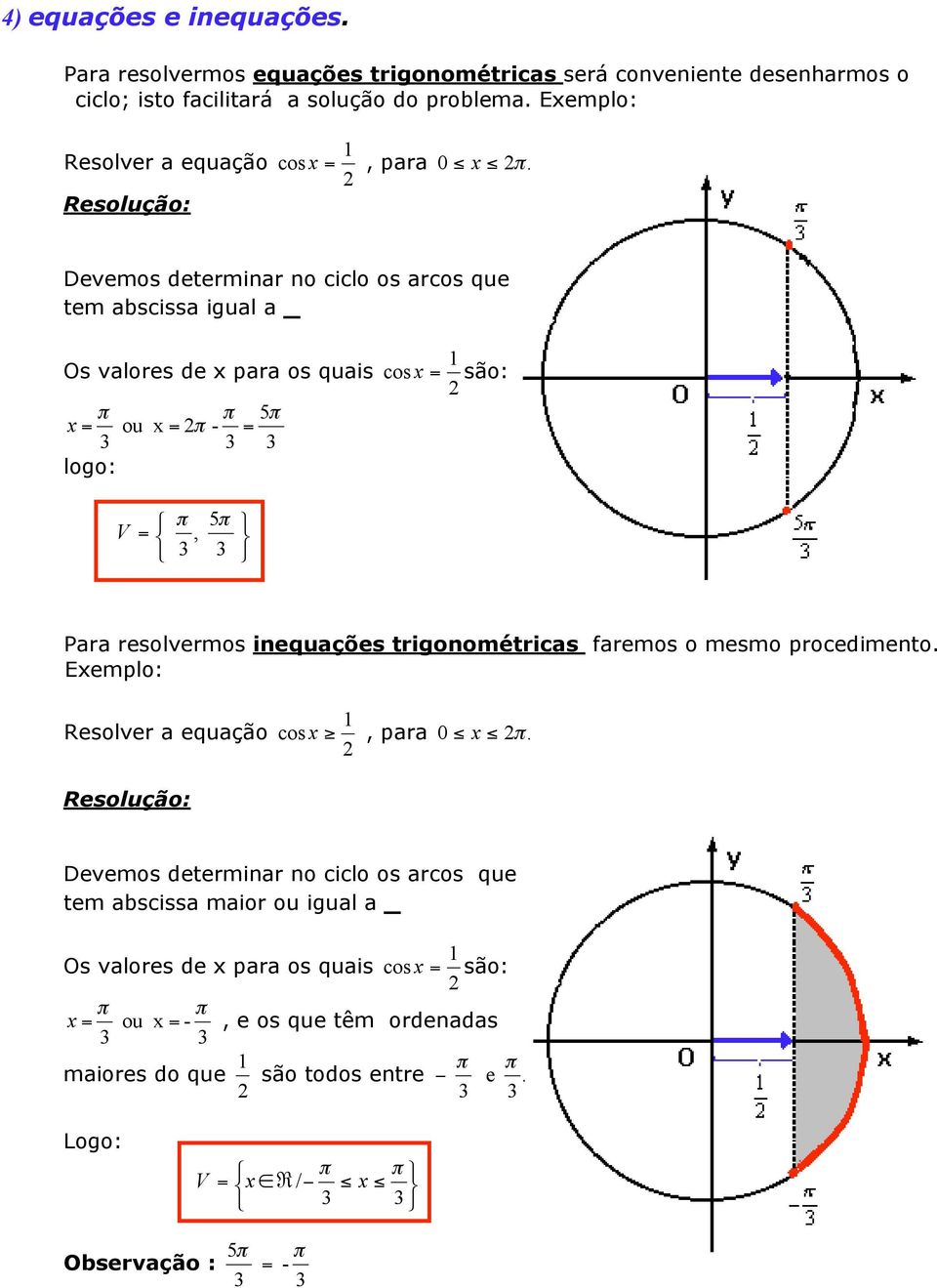 Para resolvermos inequações trigonométricas faremos o mesmo rocedimento Exemlo: Resolver a equação cos x, ara 0 x Devemos determinar no ciclo os arcos que tem