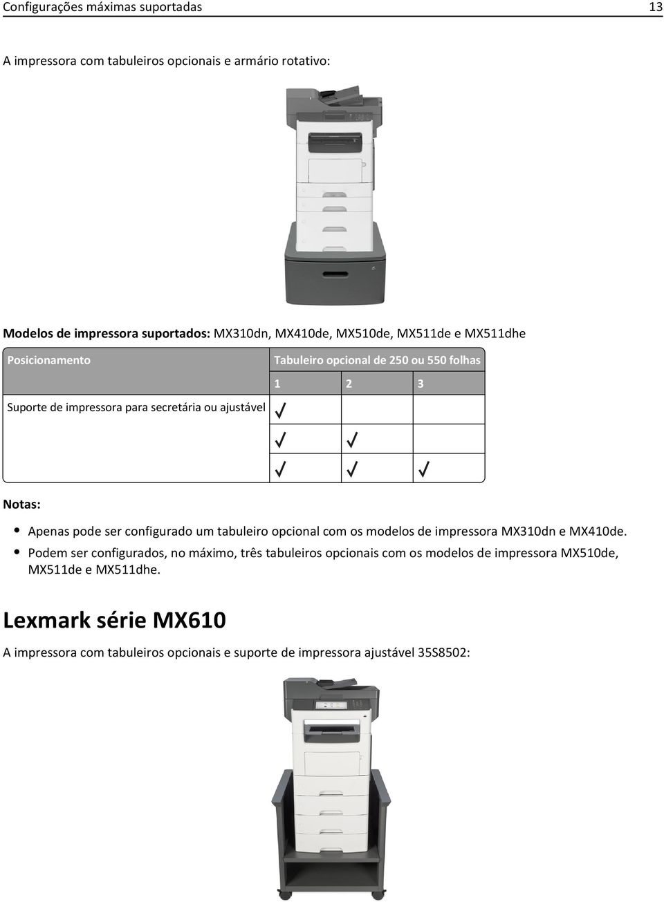 Apenas pode ser configurado um tabuleiro opcional com os modelos de impressora MX310dn e MX410de.