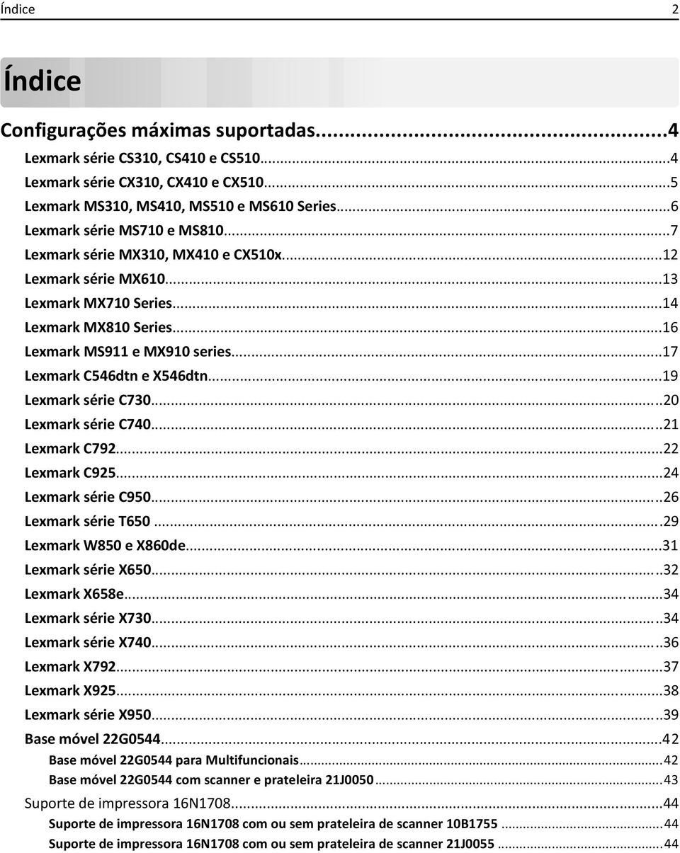 ..17 Lexmark C546dtn e X546dtn...19 Lexmark série C730...20 Lexmark série C740...21 Lexmark C792...22 Lexmark C925...24 Lexmark série C950...26 Lexmark série T650...29 Lexmark W850 e X860de.