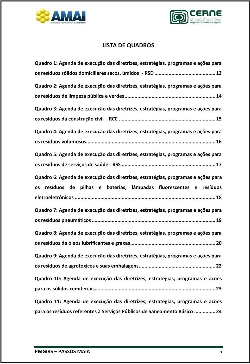 .. 14 Quadro 3: Agenda de execução das diretrizes, estratégias, programas e ações para os resíduos da construção civil RCC.