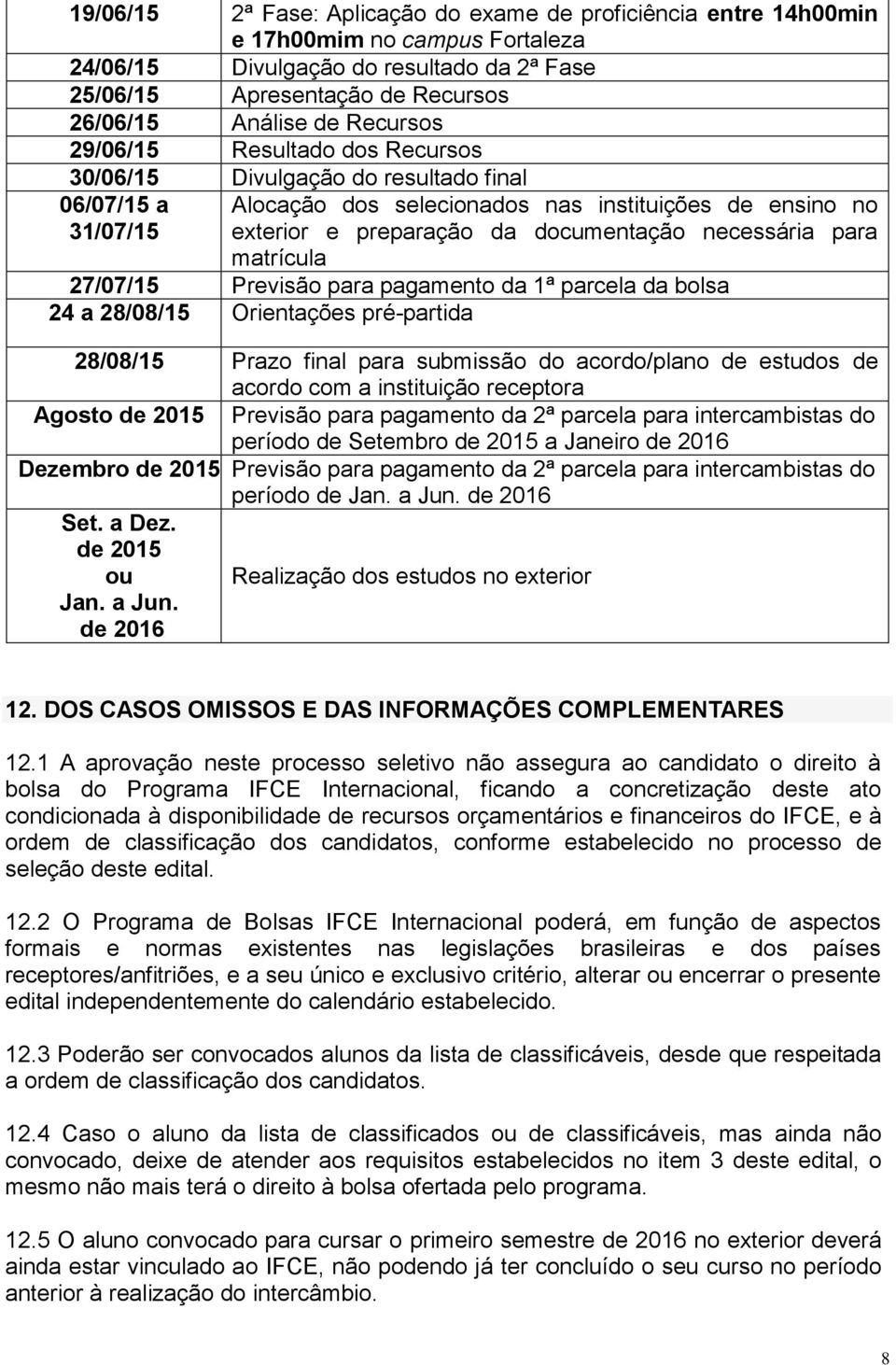 necessária para matrícula 27/07/15 Previsão para pagamento da 1ª parcela da bolsa 24 a 28/08/15 Orientações pré-partida 28/08/15 Prazo final para submissão do acordo/plano de estudos de acordo com a