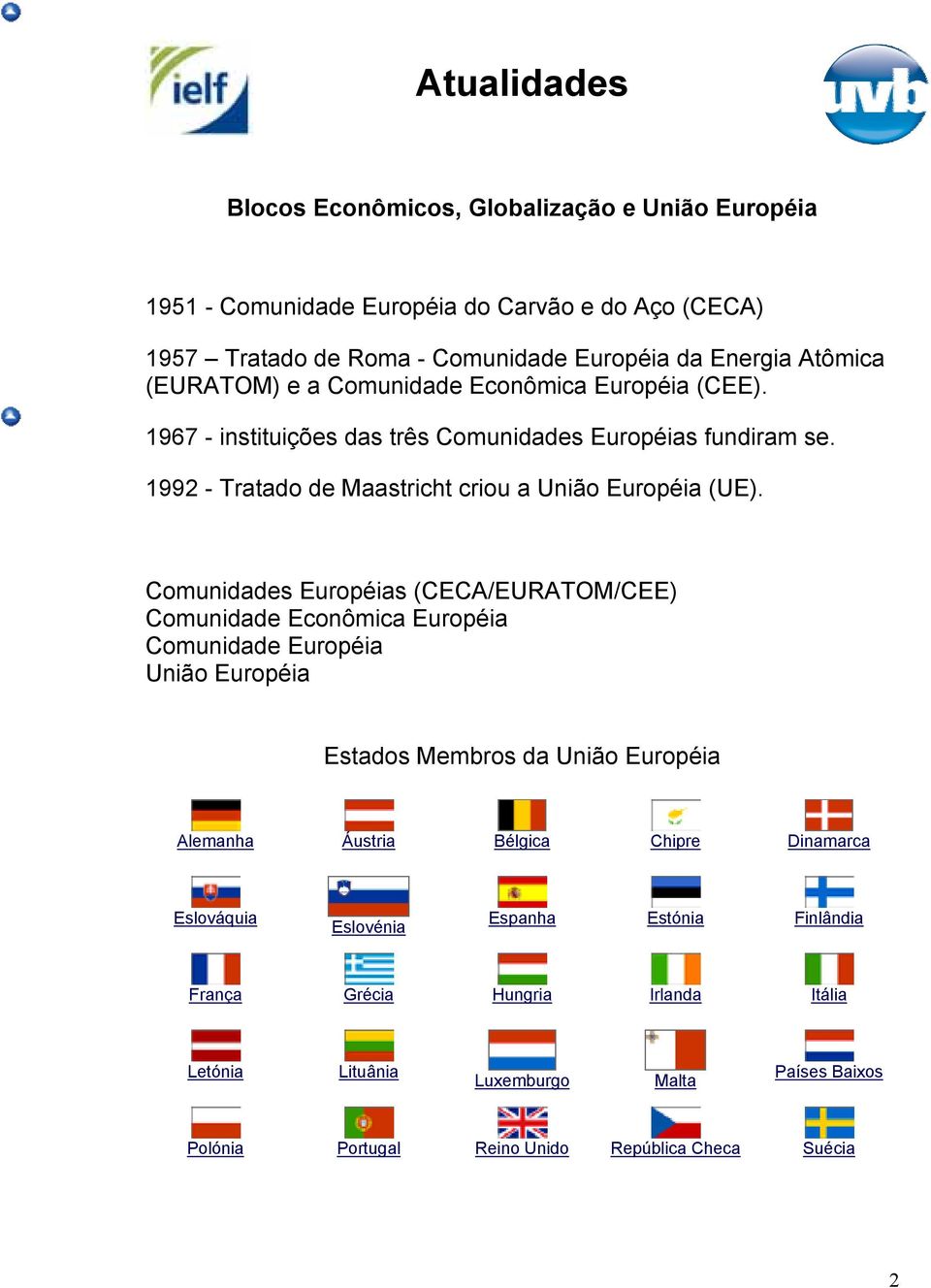 Comunidades Européias (CECA/EURATOM/CEE) Comunidade Econômica Européia Comunidade Européia União Européia Estados Membros da União Européia Alemanha Áustria Bélgica Chipre