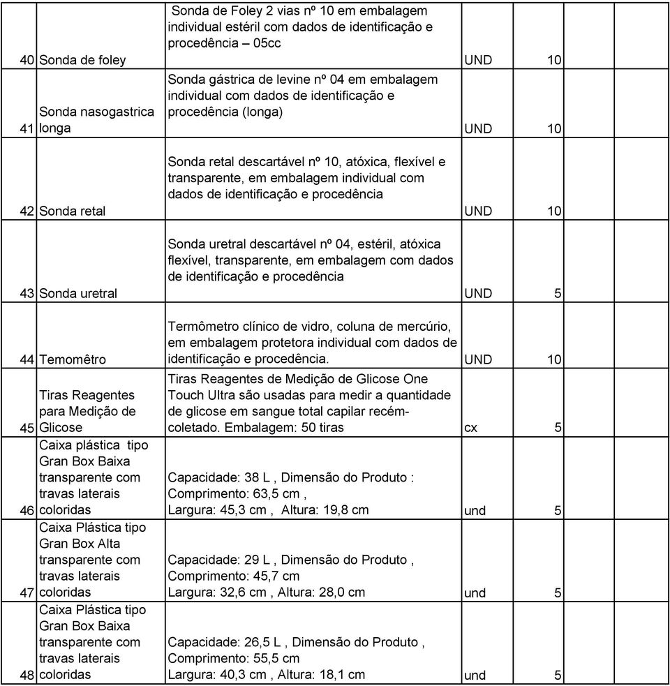 identificação e procedência Sonda uretral descartável nº 04, estéril, atóxica flexível, transparente, em embalagem com dados de identificação e procedência UND 5 44 Temomêtro Tiras Reagentes para