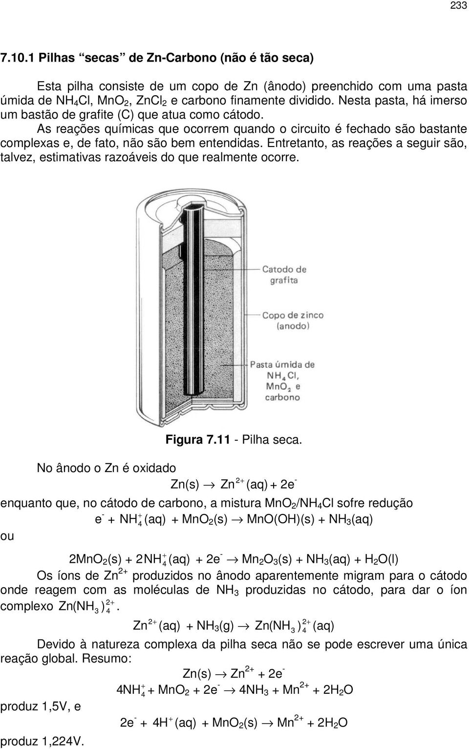 Entretanto, as reações a seguir são, talvez, estimativas razoáveis do que realmente ocorre. Figura 7.11 - Pilha seca.