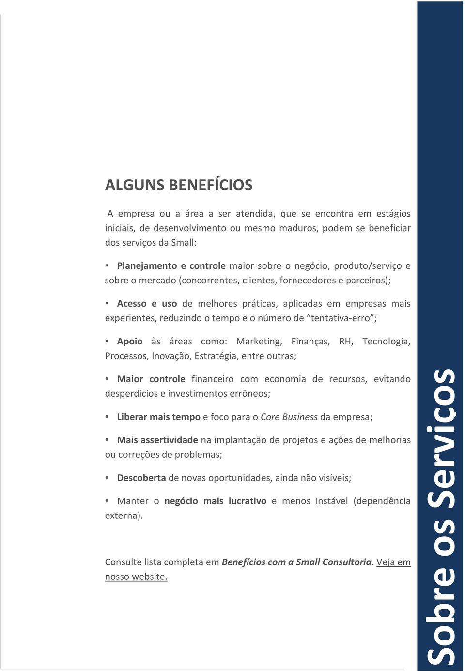 tempo e o número de tentativa-erro ; Apoio às áreas como: Marketing, Finanças, RH, Tecnologia, Processos, Inovação, Estratégia, entre outras; Maior controle financeiro com economia de recursos,