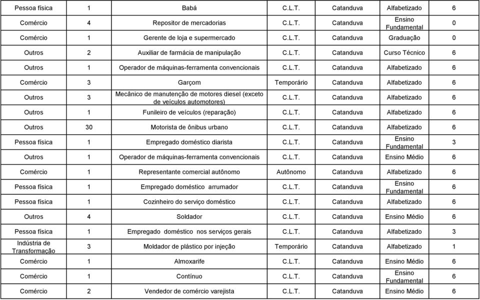 (exceto de veículos automotores) Catanduva Alfabetizado Outros 1 Funileiro de veículos (reparação) Catanduva Alfabetizado Outros Motorista de ônibus urbano Catanduva Alfabetizado Pessoa física 1