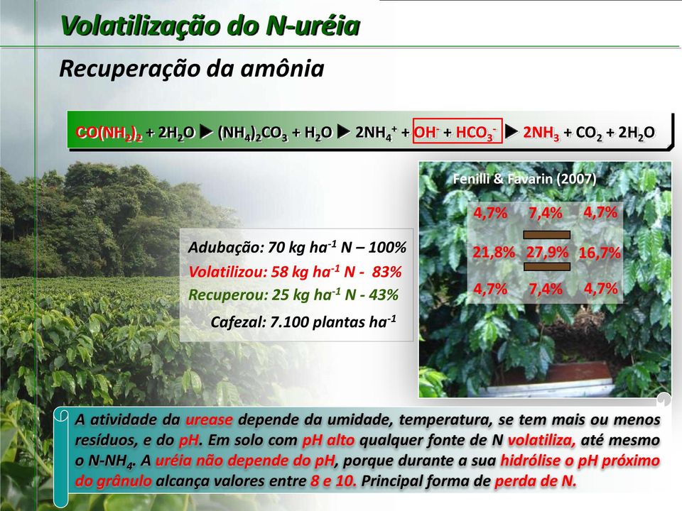 100 plantas ha -1 A atividade da urease depende da umidade, temperatura, se tem mais ou menos resíduos, e do ph.