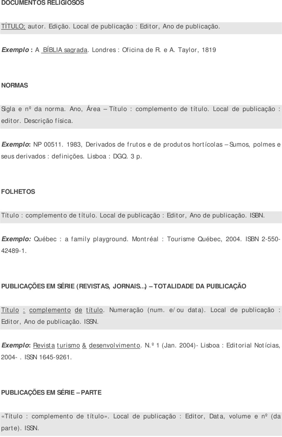 1983, Derivados de frutos e de produtos hortícolas Sumos, polmes e seus derivados : definições. Lisboa : DGQ. 3 p. FOLHETOS Título : complemento de título.