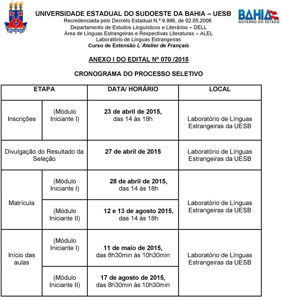 28 de abril de 2015, das 14 às 18h Matrícula Iniciante II) 12 e 13 de agosto 2015, das 14 às 18h Laboratório de Línguas Estrangeiras da UESB Início das