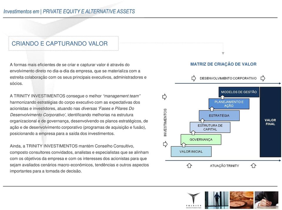 MATRIZ DE CRIAÇÃO DE VALOR A TRINITY INVESTIMENTOS consegue o melhor management team harmonizando estratégias do corpo executivo com as expectativas dos acionistas e investidores, atuando nas