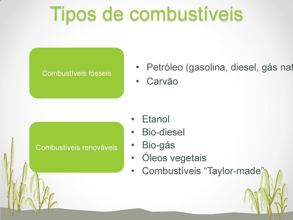 Combustíveis renováveis Etanol Bio-diesel